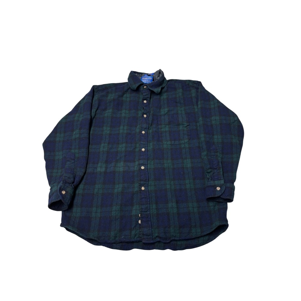 Pendleton Mens Wool Flannel Shirt Large Black Watch Plaid Green Blue Tartan L